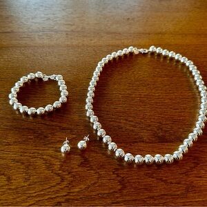 Sterling Silver Beaded Necklace, Bracelet, and Earrings Set. 925, 10mm Bead NEW